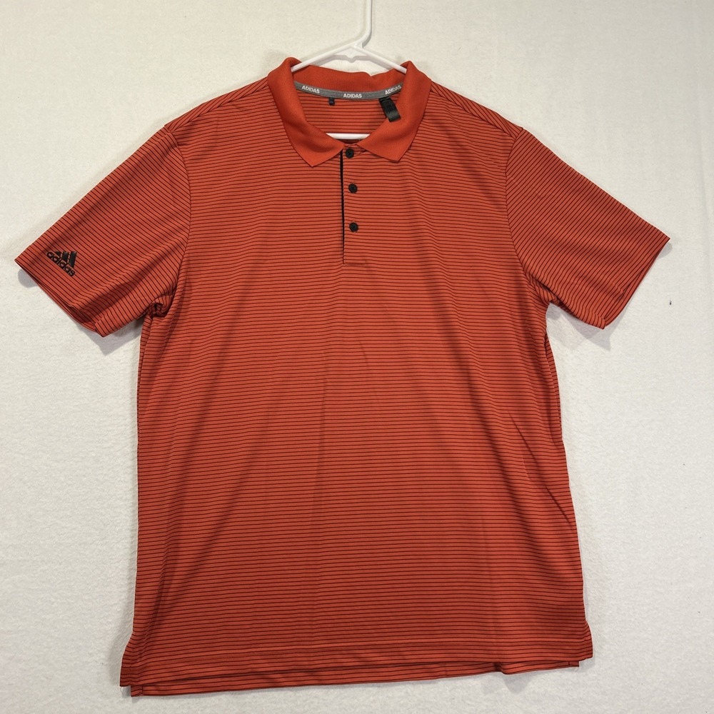 Adidas Golf Polo Shirt Mens Large Coral Orange Striped Short Sleeve Performance